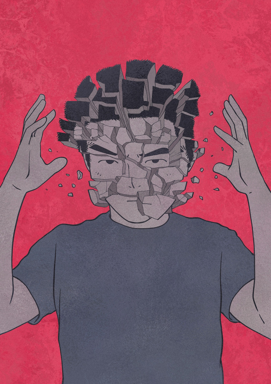 Illustration: Mann, dessen Kopf zerbröckelt wie Stein (nitrosativer Stress)
